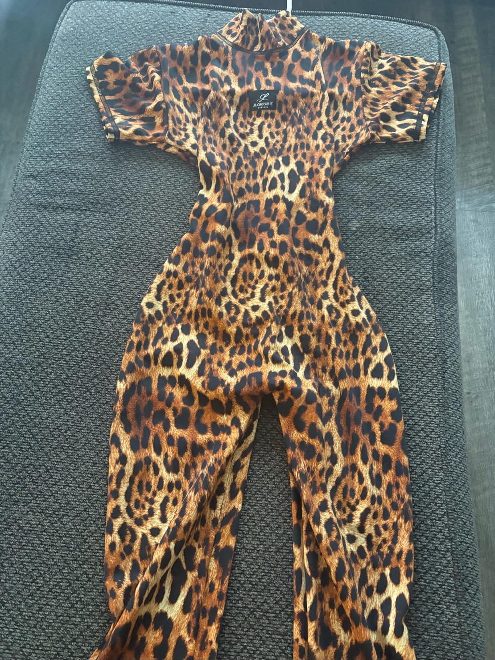 Leopard-Print Short-Sleeve Jumpsuit in Brown & Black
